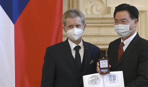 Czech Senate chairman Milos Vystrcil, left, handed Silver medal of Senate chairman to Taiwanese Foreign Affairs Minister Joseph Wu, right, on October 27, 2021, in Prague, Czech Republic.