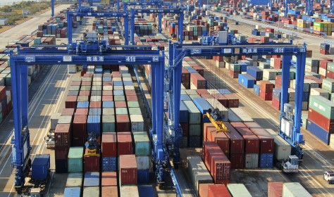 A container port is pictured in Nantong in eastern China's Jiangsu province