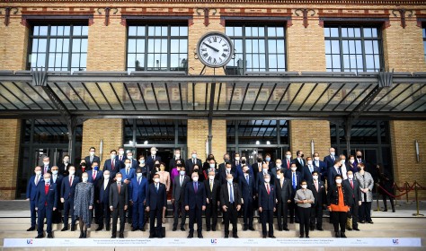 High Representative of the European Union for Foreign Affairs and Security Policy Josep Borrell, French Foreign Minister Jean-Yves Le Drian and delegates pose for a photo during the Indo-Pacific Ministerial Cooperation Forum