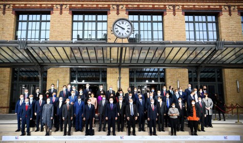 High Representative of the European Union for Foreign Affairs and Security Policy Josep Borrell, French Foreign Minister Jean-Yves Le Drian and delegates pose for a photo during the Indo-Pacific Ministerial Cooperation Forum 