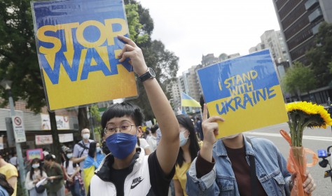 Ukrainian nationals in Taiwan and supporters protest against the invasion of Russia during a march in Taipei, Taiwan