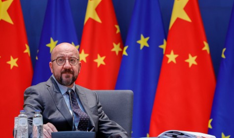 European Council President Charles Michel arrives prior to speaking with European Union foreign policy chief Josep Borrell and European Commission President Ursula von der Leyen to Chinese Premier Li Keqiang via video-conference during an EU China summit at the European Council building in Brussels