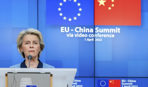 European Commission President Ursula von der Leyen speaks during a media conference at the end of an EU China summit at the European Council building in Brussels, Friday, April 1, 2022