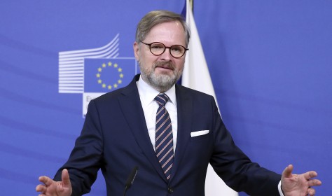 Czech Republic's Prime Minister Petr Fiala speaks during a media statement with European Commission President Ursula von der Leyen prior to a meeting in Brussels, Thursday, Feb. 17, 2022