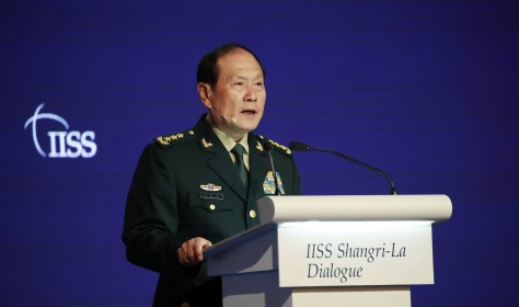Wei Fenghe delivers his speech during the fifth plenary session of the International Institute for Strategic Studies (IISS) Shangri-la Dialogue at the Shangri-la hotel in Singapore, 12 June 2022