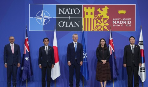 Australia's Prime Minister Anthony Albanese, Japan's Prime Minister Fumio Kishida, NATO Secretary General Jens Stoltenberg, New Zealand's Prime Minister Jacinda Ardern and South Korea's President Yoon Suk Yeol, from left, pose for media in a group photo of Indo-Pacific partners nations during the NATO summit in Madrid, Spain, on Wednesday, June 29, 2022.