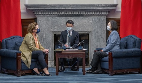 Taiwan's President Tsai Ing-wen, right, meets with European Parliament Vice President Nicola Beer at the Presidential Office in Taipei, Taiwan on Wednesday, July 20, 2022.