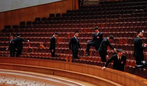 Chinese security officers check the hall after the 2nd Plenary Session of the Fifth Session of the 12th National People's Congress (NPC) at the Great Hall of the People in Beijing, China, 08 March 2017.