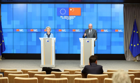 President of EU Council Charles Michel (R) and European Commission President Ursula von der Leyen (L) hold a joint press conference after the EU-China Summit held via videoconferencing in Brussel, Belgium on April 01, 2022.