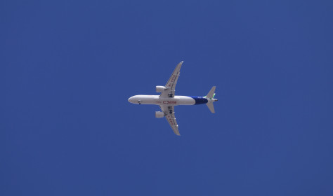 A Comac C919, a narrow-body twinjet airliner developed by Chinese aerospace manufacturer Comac.