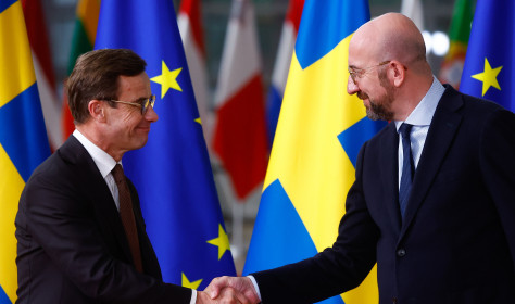 European Council President Charles Michel (R) and Prime Minister of Sweden Ulf Kristersson (L) arrive at a two-day EU Council in Brussels, Belgium, 20 October 2022.
