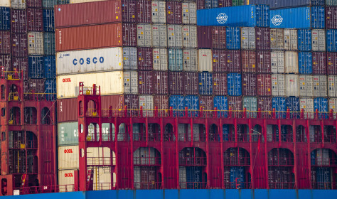 Container Frachter Cosco Shipping Leo an seinem Liegeplatz am Hutchison Ports ECT Euromax