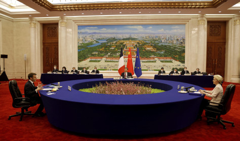 China's President Xi Jinping, center, his French counterpart Emmanuel Macron, left, and European Commission President Ursula von der Leyen meet for a working session in Beijing Thursday, April 6, 2023.