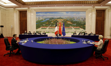 China's President Xi Jinping, center, his French counterpart Emmanuel Macron, left, and European Commission President Ursula von der Leyen meet for a working session in Beijing Thursday, April 6, 2023.