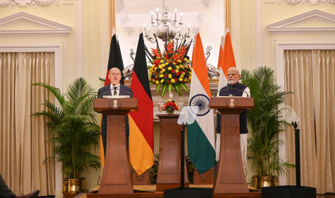 German Chancellor Olaf Scholz with Prime Minister Narendra Modi attend a joint press conference, at Hyderabad House, on October 25, 2024 in New Delhi, India. 