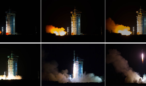 his combined photo shows China launching the world's first quantum satellite on top of a Long March-2D rocket from the Jiuquan Satellite Launch Center in Jiuquan, northwest China's Gansu Province, Aug. 16, 2016.