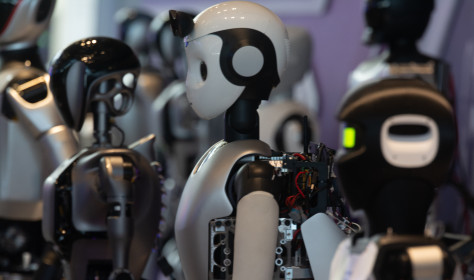 18 Humanoid Robot Vanguard Matrix are being displayed at the entrance of WAIC, World Artificial Intelligence Conference at Shanghai World Expo Exhibition Center in Shanghai, China, on July 5, 2024, during the first public viewing day (Photo by Ying Tang/NurPhoto).