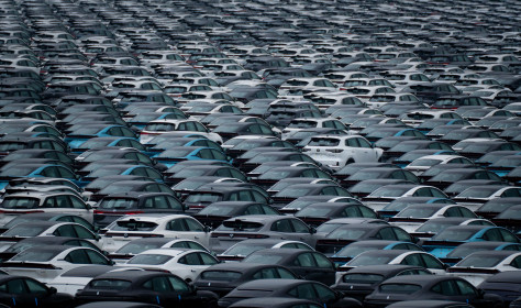 Aerial view of new cars waiting for transportation at the logistics center of CHANGAN Automobile in southwest China's Chongqing Municipality