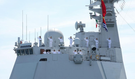 Gulf Of Oman, Indian Ocean, Iran: Navy ships engage in military exercises during joint drills conducted by Iran, Russia, and China in the Gulf of Oman.