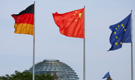 he flags of Germany, China and the European Union are seen ahead of a meeting between German Chancellor Olaf Scholz and Chinese Premier Li Qiang in Berlin, Germany, June 19, 2023. 