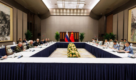 ndrei Belousov (3rd L front), Defence Minister of Russia, and his Chinese counterpart Dong Jun (3rd R front) hold a meeting on the sidelines of the SCO (Shanghai Cooperation Organisation) Meeting of Defence Ministers 
