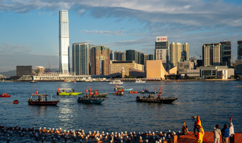 Swimmers participate in the Victoria Harbour Race in Victoria Harbor on November 22, 2025 in Hong Kong