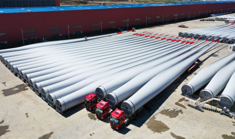 A drone photo shows wind turbine blades at the Mingyang New Energy Intelligent Manufacturing Industrial Park in Baotou, north China's Inner Mongolia Autonomous Region, July 29, 2025.