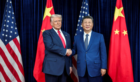 U.S. President Donald Trump, left, greets Chinese President Xi Jinping, right, before a bilateral meeting at Gimhae Air Base, October 30, 2025, in Busan, South Korea.