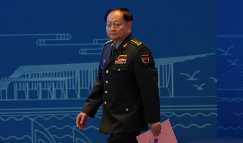 Zhang Youxia, vice chairman of the CPC Central Military Commission, walks down the podium after addressing the Western Pacific Navy Symposium held in Qingdao in eastern China's Shandong province on Monday, April 22, 2024.