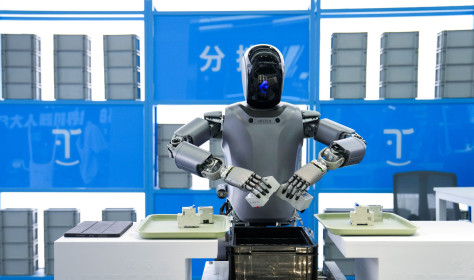 A humanoid robot from "Walker" series of UBTECH conducts sorting work at the Beijng World of Robots in Beijing