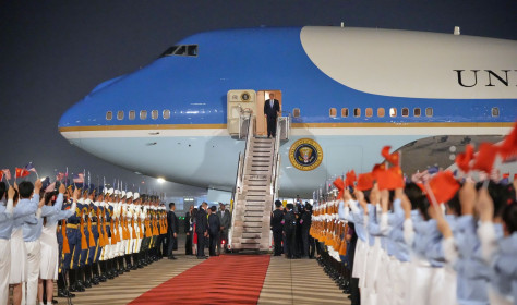 President Donald Trump arrives on Air Force One, Wednesday, May 13, 2026, at Beijing Capital International Airport in Beijing. (AP Photo/Mark Schiefelbein)