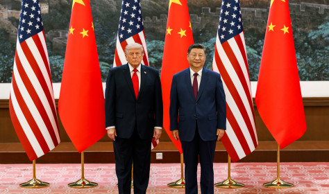US President Donald Trump participates in a welcoming ceremony with Chinese President Xi Jinping at the Great Hall of the People in Beijing