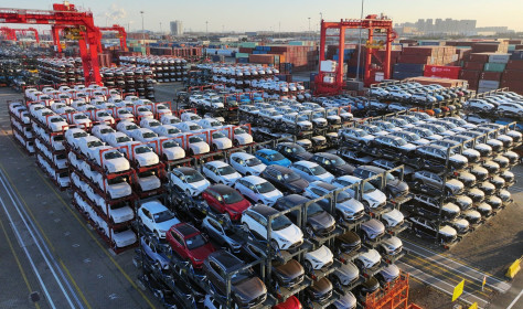 SUZHOU, CHINA - JANUARY 15, 2024 - A batch of cars are exported overseas at the Taicang Port terminal in Suzhou, Jiangsu province, China, Jan 15, 2024.