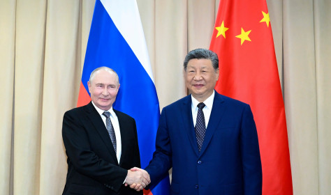 In this photo released by Xinhua News Agency, Chinese President Xi Jinping, right, meets with Russian President Vladimir Putin on the sidelines of the Shanghai Cooperation Organization Summit 2026 in Bishkek, Kyrgyzstan, Monday, Aug. 31, 2026. 