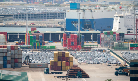 his photo taken on June 2, 2026, shows the view of the Port of Barcelona where cargo ships arrive with fleets of electric cars from China, in Barcelona, Spain.