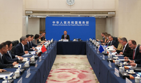 View of Wang Wentao Chinese Minister of Commerce sitting at the head of a large meeting table with Maros Sefcovic European Commissioner for Trade and Economic Security and Interinstitutional Relations on the right side during a meeting at the Ministry of Commerce in Beijing China on 8 October 2026.