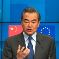 Chinese Foreign Minister Wang Yi is giving a speech at the EU-China Strategic Dialogue in Brussels in March 2019