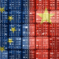Stacked container showing a projection of European and Chinese flag on the front 