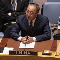 Permanent Representative of China to the UN Zhang Jun speaks during emergency SC meeting on situation on Ukraine-Russia borders at UN Headquarters. Emergency Security Council meeting was convened at the request of Ukraine after Russia officially recognized breakaway regions of Ukraine as independent countries and ordered troops into those regions.