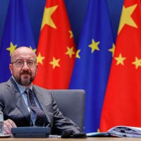 European Council President Charles Michel arrives prior to speaking with European Union foreign policy chief Josep Borrell and European Commission President Ursula von der Leyen to Chinese Premier Li Keqiang via video-conference during an EU China summit at the European Council building in Brussels