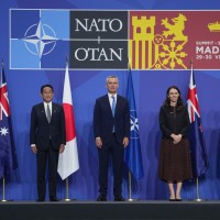 Australia's Prime Minister Anthony Albanese, Japan's Prime Minister Fumio Kishida, NATO Secretary General Jens Stoltenberg, New Zealand's Prime Minister Jacinda Ardern and South Korea's President Yoon Suk Yeol, from left, pose for media in a group photo of Indo-Pacific partners nations during the NATO summit in Madrid, Spain, on Wednesday, June 29, 2022.