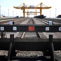 Chinese flag is seen on the end of a railway track at the Khorgos Gateway, one of the world's largest dry dock in a remote crossing along Kazakhstan's border with China near Khorgos.
