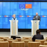 President of EU Council Charles Michel (R) and European Commission President Ursula von der Leyen (L) hold a joint press conference after the EU-China Summit held via videoconferencing in Brussel, Belgium on April 01, 2022. 