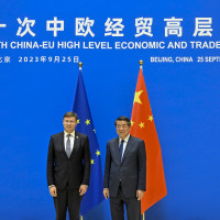 He Lifeng and Valdis Dombrovskis before the 10th China-EU HLED in Beijing, Sep 25, 2023