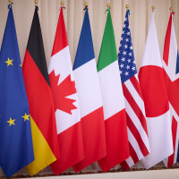 Flags of member countries of the European Council at the 50th G7 summit in Brindisi, Apulia, region of Italy on June 13, 2024.