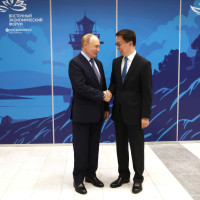 Russian President Vladimir Putin greets Chinese Vice President Han Zheng at the Eastern Economic Forum in Vladivostok, Russia on September 4, 2024