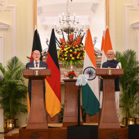 German Chancellor Olaf Scholz with Prime Minister Narendra Modi attend a joint press conference, at Hyderabad House, on October 25, 2024 in New Delhi, India. 