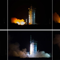 his combined photo shows China launching the world's first quantum satellite on top of a Long March-2D rocket from the Jiuquan Satellite Launch Center in Jiuquan, northwest China's Gansu Province, Aug. 16, 2016. 