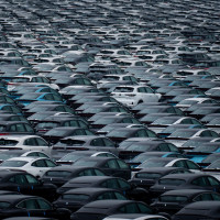 Aerial view of new cars waiting for transportation at the logistics center of CHANGAN Automobile in southwest China's Chongqing Municipality