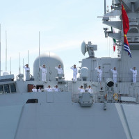 Gulf Of Oman, Indian Ocean, Iran: Navy ships engage in military exercises during joint drills conducted by Iran, Russia, and China in the Gulf of Oman.